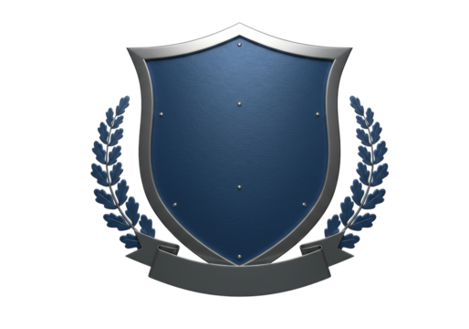 Blue shield with silver trim isolated on transparent background, heraldic emblem with laurel wreath and banner for logo or insignia