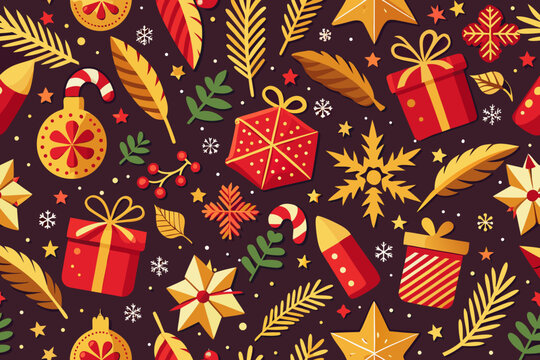 Festive seamless Christmas vector pattern featuring snowflakes, wrapped gifts, candy canes, holly leaves, and golden stars in elegant red and gold for holiday backgrounds, wrapping paper, and textile 