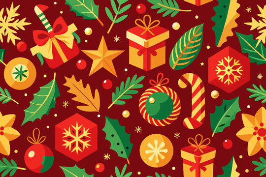 Seamless repeating Christmas pattern with gift boxes, snowflakes, candy canes, stars, and holly leaves in festive red and gold, perfect holiday vector design for wrapping paper, textiles, and seasonal