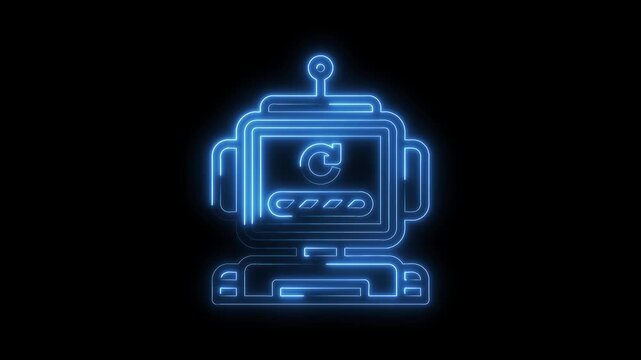 Glowing neon outline of a retro robot displaying a refresh symbol on black