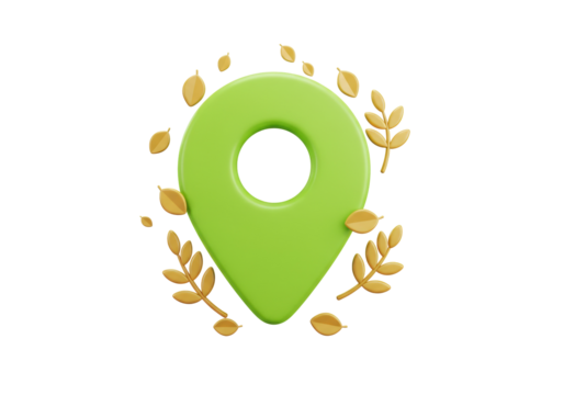 Green map pointer PNG isolated with golden leaves, location pin icon for travel and navigation on transparent background