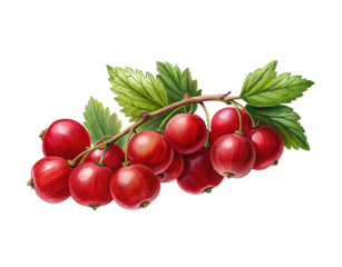 Watercolor Painting of Vibrant Red Currants with Lush Green Leaves on a Branch
