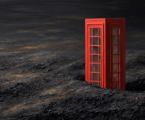 Fototapeta premium Classic red London phone booth buried in black ash in apocalyptic scene, photorealistic post-apocalyptic British landmark covered in dark debris, dystopian urban destruction