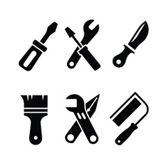 Black silhouette icons of tools including screwdrivers wrench paint brush knife and roller white