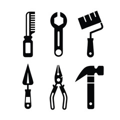 Black silhouette icons of comb wrench paint roller trowel pliers and hammer hair brush