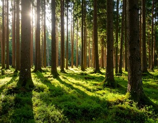 Obraz premium Sunlight filtering through a dense forest (1)