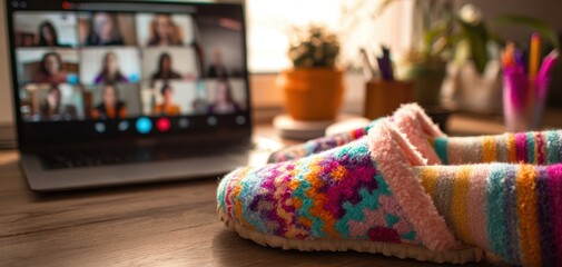The Colorful Slippers on a Desk During a Remote Video Call