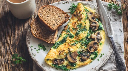 Delicious mushroom and spinach omelette breakfast