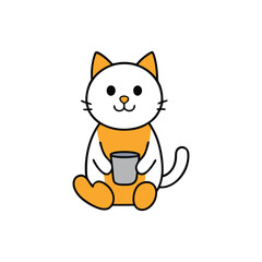 Cute cartoon white cat wearing an orange shirt holding a gray mug with a happy expression. dog cartoon.