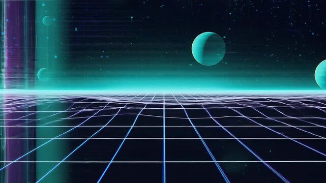 Immersive Virtual Reality Experience, A Cyberpunk Grid Landscape with Distant Planets