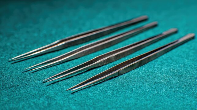 Close up of precision tweezers on a turquoise surface showing detailed craftsmanship