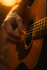 Fototapeta premium Close-up of hand playing acoustic guitar with warm sunlight creating a serene atmosphere