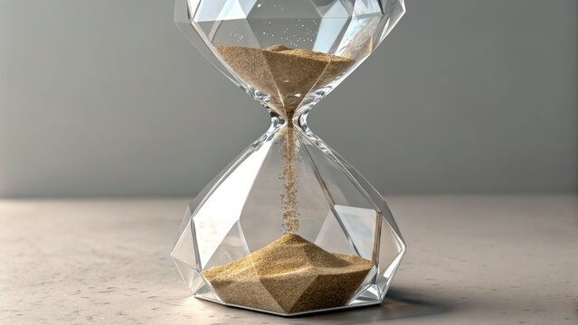 Close up of a crystal hourglass showing sand flowing