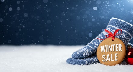 Winter socks with sale tag on snowy background in winter setting  