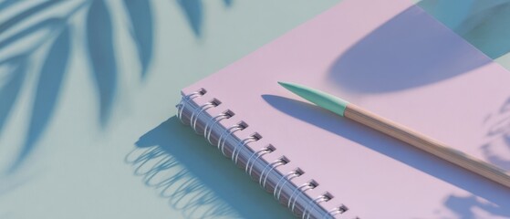 The Notebook with Pencil on Pastel Desk Under Soft Blue Shadows
