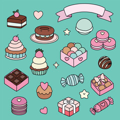 Adorable sweets and desserts collection with cupcakes, chocolates, candies, macarons, and gift boxes in pastel kawaii style for playful design projects.
