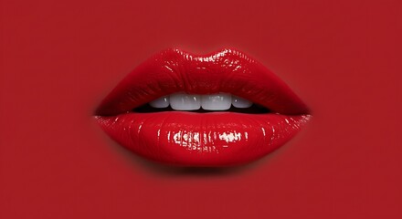 Obraz premium Close-up beauty shot featuring incredibly shiny, bright red lips, highlighting the teeth and high-gloss texture