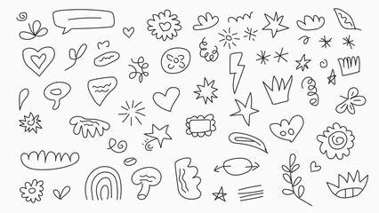 A collection of whimsical hand drawn doodle illustrations featuring hearts stars and abstract shapes 