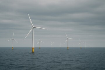 Offshore wind farm with multiple turbines in the ocean under cloudy sky wind turbine