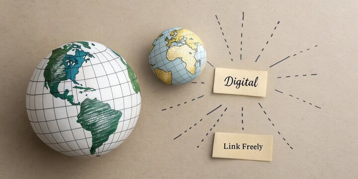 Globes and digital connection representation on paper surface