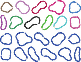 Collection of colorful, fluffy, abstract shapes and borders on white background