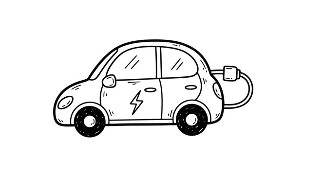 Hand-drawn electric car with charging cable and lightning bolt symbol.