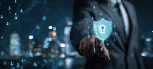 The businessman presenting a digital security shield with a lock symbol.