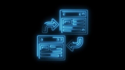 Data transfer between two computer screens illuminated with blue neon lights on black - Powered by Adobe