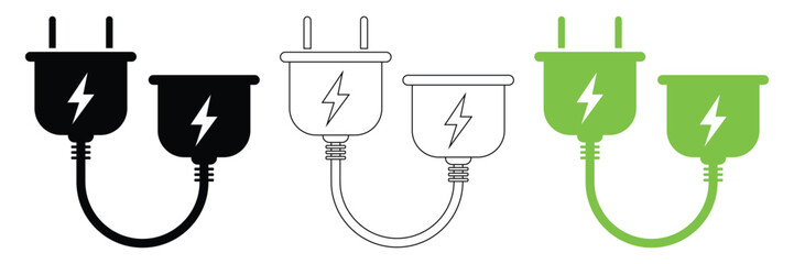 Electric Plug and Socket Icons – Connection, Cable, Power Outage Vector Symbols.