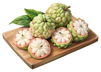 Detailed Watercolor Painting of Sugar Apples on a Wooden Cutting Board