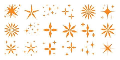 Collection of Orange Starburst and Sparkle Icons on White Background
