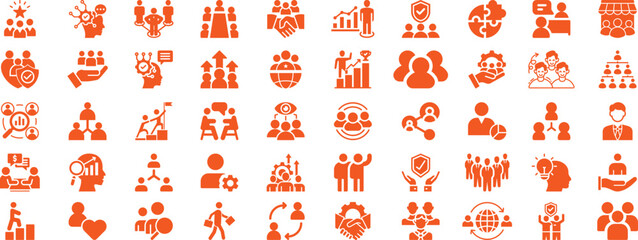 Collection of Orange Business and Teamwork Icons on White Background