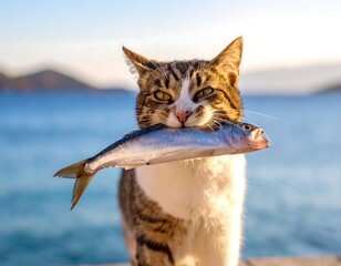 Obraz premium Tabby cat holds a fish in its mouth by the sea