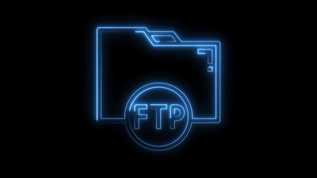 Glowing neon style ftp file transfer protocol icon animation on black background