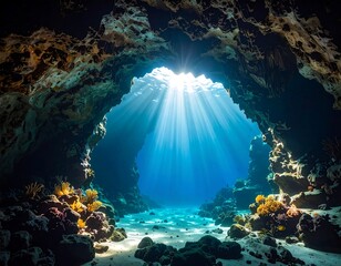 Sunlight streams into an underwater cave