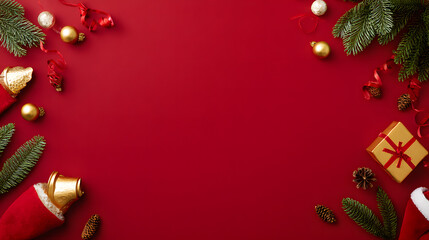 Merry Christmas wallpaper background, with a complete Christmas ornament border and empty red space in the middle.