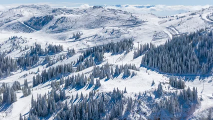 Selbstklebende Fototapeten Blauer himmel Beautiful winter landscape of Jahorina mountain with forests and ski slopes stretching across the horizon under clear sunlight  © Sanja
