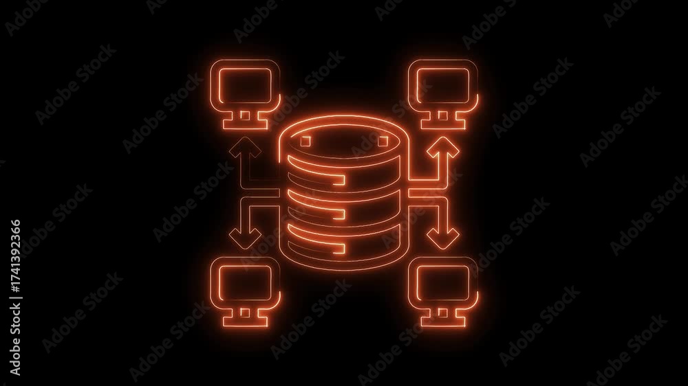 Wall mural Database network structure represented by glowing orange line on black background visual
