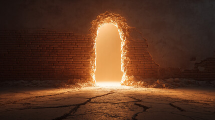 Glowing Archway In Crumbling Brick Wall
