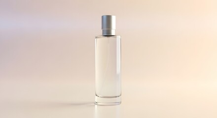 Elegant perfume bottle with a silver cap, showcasing a minimalist design on a soft background.