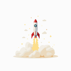 Fototapeta premium Rocket launching into space with clouds and stars in background 