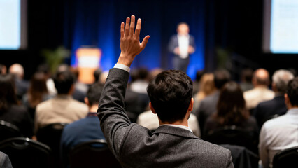 Engaged professional man raising hand to ask question during business conference presentation in a blurred lecture hall audience, illustrating participation and inquiry.