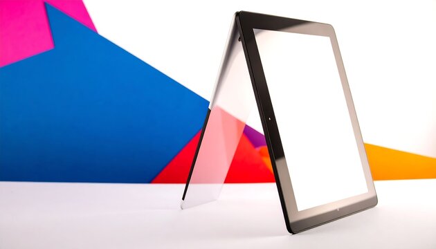 Tablet computer on a white surface, surrounded by colorful geometric shapes