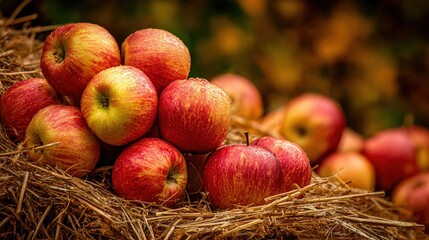 Freshly harvested red apples nestled on straw with natural background