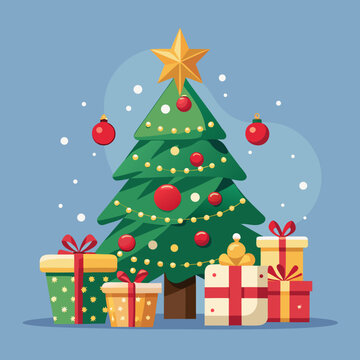 Elegant Christmas tree adorned with sparkling gold ornaments, shining star topper, delicate ribbons, and glowing fairy lights with gift boxes below, luxurious festive vector art for holiday celebratio