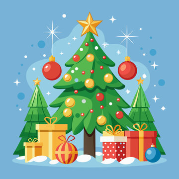 Classic glowing Christmas tree decorated with golden star, red baubles, ribbons, and shimmering lights, surrounded by colorful wrapped presents, joyful festive winter holiday vector illustration