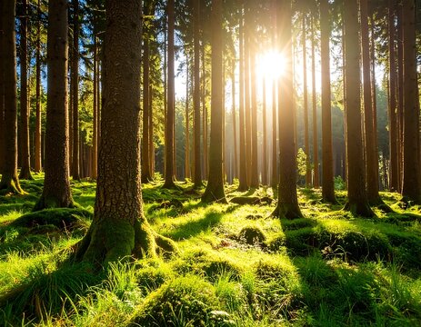 Sunlight streams through a dense forest (3)