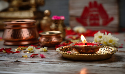 Naklejka premium Vibrant Diwali Decorations Featuring Lit Oil Lamp Surrounded by Flowers and Festive Elements