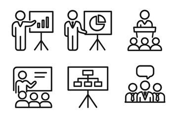 Business presentation line icon set. Meeting, conference, seminar, training. Vector symbols for corporate report, analysis, planning. Speaker, audience, chart, graph concept.