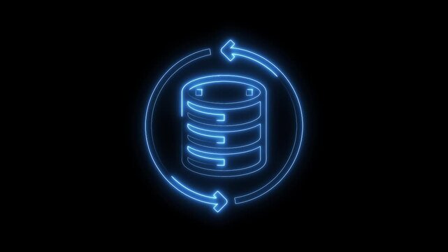 Digital database neon style animation with rotating arrows on a black background